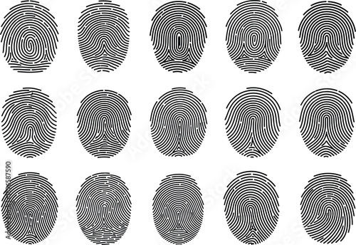 Black Fingerprint and Biometric Scan Icon Set for Cybersecurity Digital Identity Verification Forensic Science Crime Investigation Access Control and Personal Privacy Security Systems