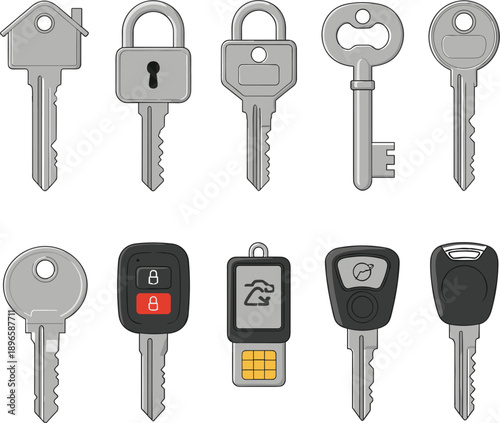 Household Door and Vehicle Key Icon Set with Car Fobs Remote Entry Systems Padlock Keys and House Shaped Pointers for Real Estate Security and Automotive Services