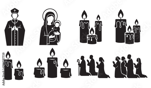 A collection of black silhouette icons depicting Christian religious figures, praying people, and burning candles, isolated on a clean white background.