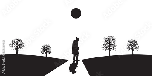 Lone person silhouette reflected on a winding path under a stark full moon, surrounded by bare deciduous trees and dark rolling hills in a high-contrast minimalist