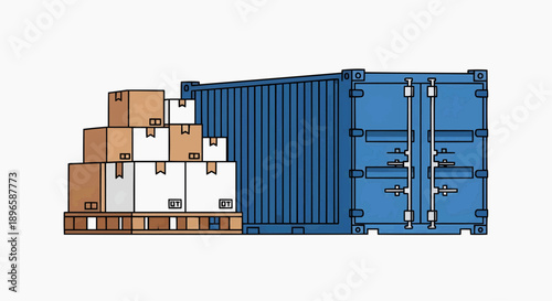 Illustration of a sturdy blue shipping container and stacked cardboard boxes on a pallet, symbolizing global logistics, efficient cargo transport, and modern supply chain management