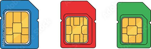 Mobile Sim Card Icon Set with Micro Nano and Standard Chip Sizes for Telecommunication Cellular Networks Global Connectivity Data Roaming and Smartphone Technology Device Hardware