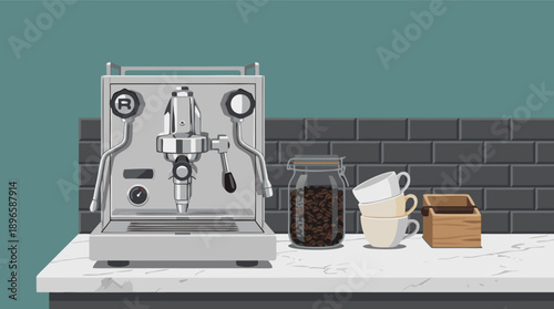 Espresso machine with coffee beans and cups on a counter.