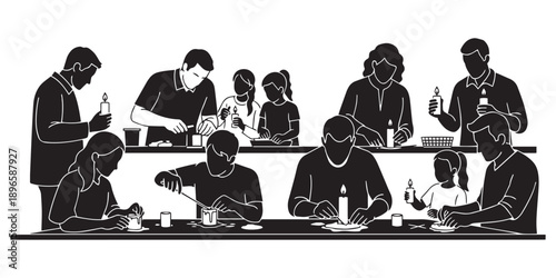 Diverse group of adults and children collaboratively crafting candles and engaging in wax work activities at a communal table, isolated on a clean white background