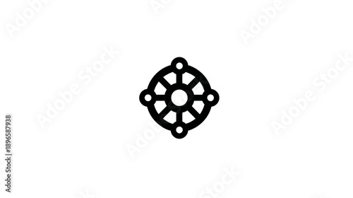 A black symmetrical circular emblem, featuring spokes and small circles, on a clean white background