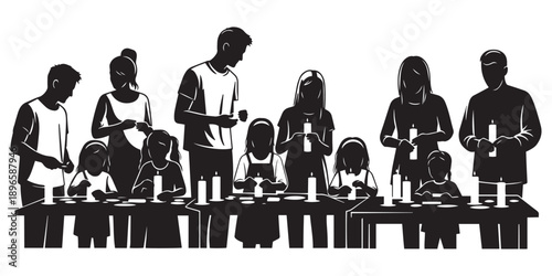 Family and friends gathered around a table, silhouetted, lighting candles, celebrating a special occasion or religious holiday.