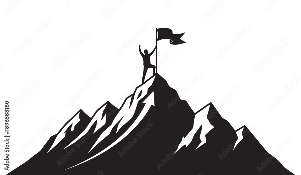 Fototapeta premium Silhouette of a person planting a flag on a mountain peak, symbolizing achievement, victory, and reaching goals.