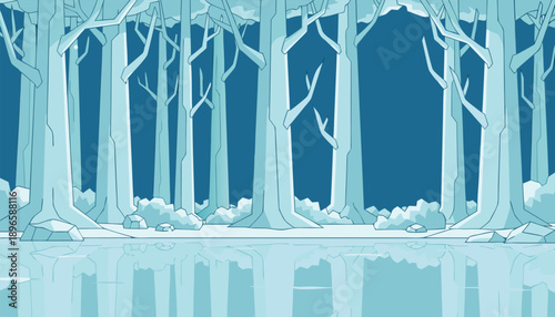 Frozen forest landscape with icy trees and reflective ground in a cool blue palette.