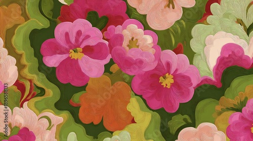 Vibrant pink and orange petunia flowers blooming in garden with green leaves and soft natural light background
