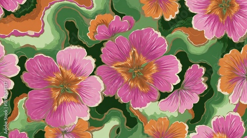 Vibrant pink petunia flowers blooming in lush green garden with soft natural lighting background
