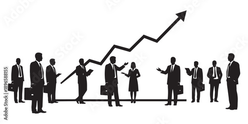 Diverse group of business people silhouetted around an upward trending arrow, celebrating success and shared achievements.