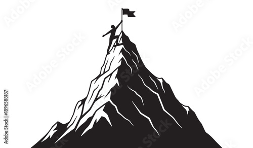 Silhouetted figure stands triumphantly on a mountain summit, holding a flag, representing peak success and accomplishment.