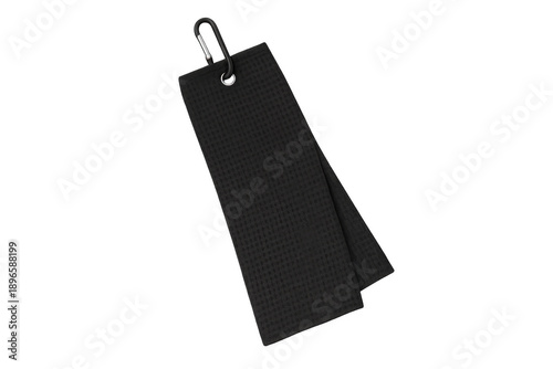 Black microfiber waffle weave golf towel with carabiner