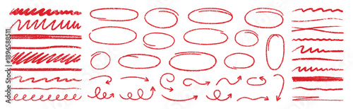 Crayon lines, charcoal highlight strokes and freehand ovals doodle set. Hand drawn red pencil underlines, arrows, ellipse frames. Kids chalk strips and brush line in sketch style.