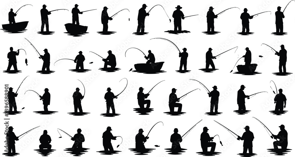 Obraz premium Fishing people silhouette collection showing men and women catching fish standing sitting kneeling in boats with rods outdoor sport activity design flat vector illustration