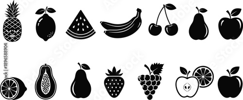 Fruit vector illustration collection showing pineapple lemon watermelon banana cherries pear apple strawberry grapes orange papaya arranged in grid format flat vector illustration