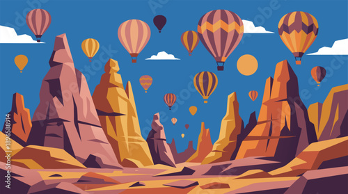 Hot Air Balloons Flying Over Cappadocias Unique Rock Formations.