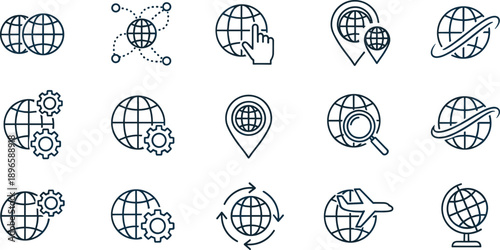 Global icon collection showing globe connectivity travel search settings location pins airplanes gears hands arrows international business worldwide network design flat vector illustration
