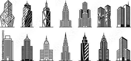 Skyscraper silhouette collection showing multiple high rise buildings with spires geometric patterns window arrangements arranged in rows architectural urban design flat vector illustration