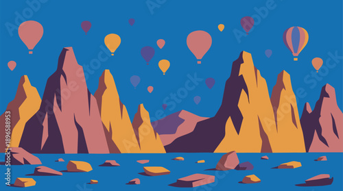 Hot Air Balloons Over Cappadocia Rock Formations.