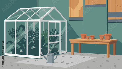 Indoor Greenhouse with Lush Green Plants and Gardening Table.