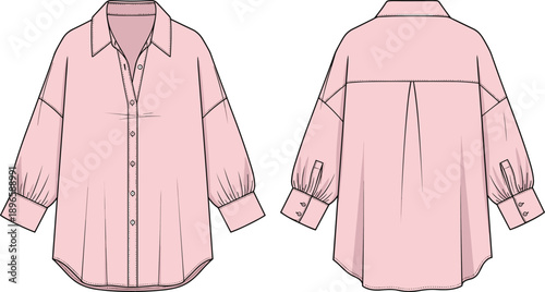 Women blouse technical fashion flat sketch showing front and back views with collar button placket long sleeves gathered cuffs pleated yoke flat vector illustration