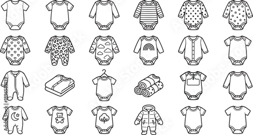Baby Clothing And Newborn Bodysuit Line Icons Collection For Kids Fashion Branding Retail Packaging And Parenting Lifestyle Design