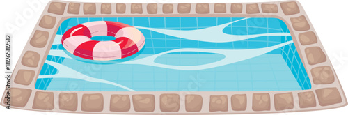 Vector summer illustration of water in a pool and a swimming ring, relaxation by the water, vacation, cartoon book picture for children, recreation area