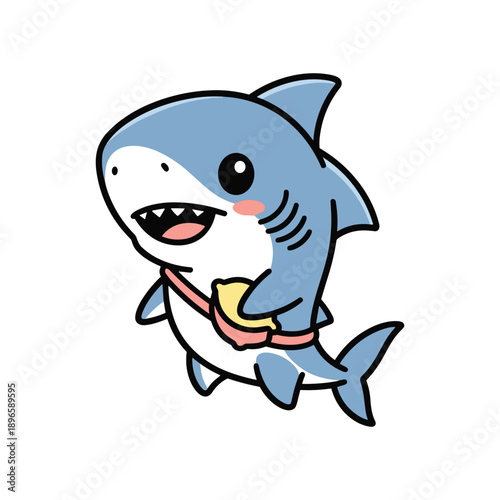 Cute cartoon shark mascot character smiling with lifebuoy for safety and fun design