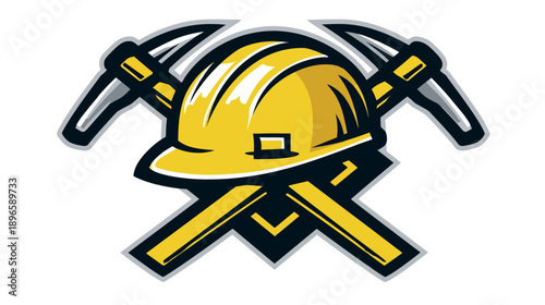 A graphic featuring a yellow construction helmet crossed by two pickaxes, all with dark outlines