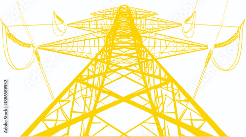 A yellow-toned, stylized illustration of an electricity pylon, seen from below against a white backdrop