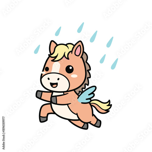 Cute cartoon unicorn foal running with joyful rain splash in bright colorful background