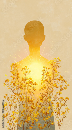 Abstract human silhouette with glowing heart chakra surrounded by yellow flowers. Concept of inner light, healing energy, spiritual growth, mindfulness, and emotional balance