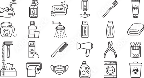 Personal Hygiene And Bathroom Essentials Line Icons Collection For Clean Living Wellness Branding And Daily Care Design
