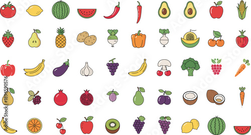 Flat fruits and vegetables icon set with colorful food symbols for healthy diet, nutrition, cooking and grocery design