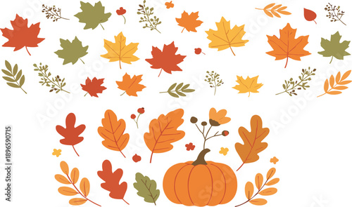 Autumn leaves and pumpkin vector set with fall foliage, branches and seasonal harvest decoration elements