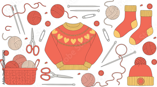 Knitting and sewing tools vector set with sweater, yarn balls, needles, scissors, socks and cozy handmade craft elements