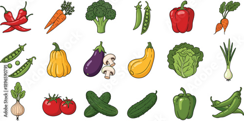 Hand drawn fresh vegetables vector set including carrot, broccoli, tomato, cucumber, pepper, onion and healthy food elements
