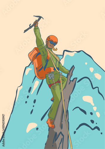 Female rock climber on a rocky peak. Climbing gear. Vector illustration.