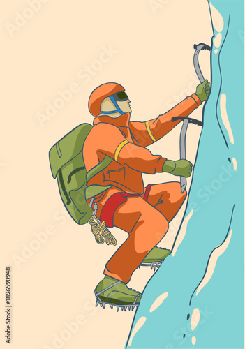 Alpinist on a ice rocky peak. Climbing gear. Vector illustration.