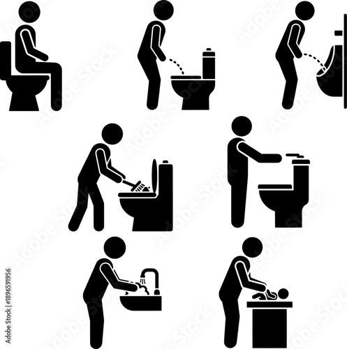Bathroom etiquette and restroom activities icon set for hygiene instructions