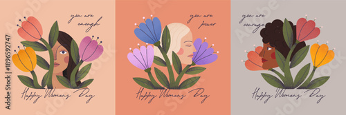 Women's Day greeting cards.Confident strong women of different cultures and nationalities sitting in flowers symbolizing feminism,women's empowerment.Girl power movement,equal rights,self care concept
