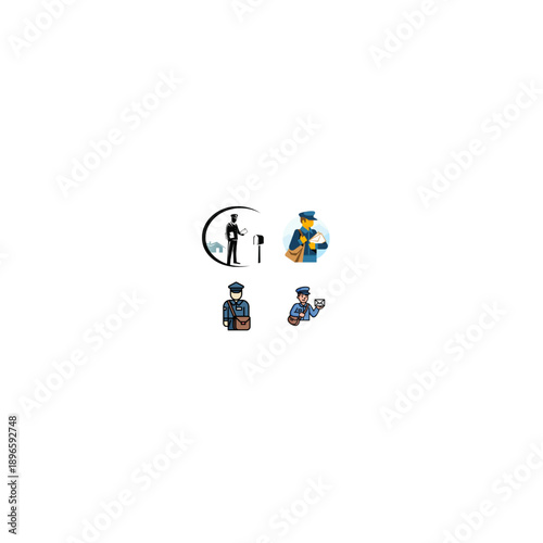 Postal workers collecting and delivering mail in various settings  