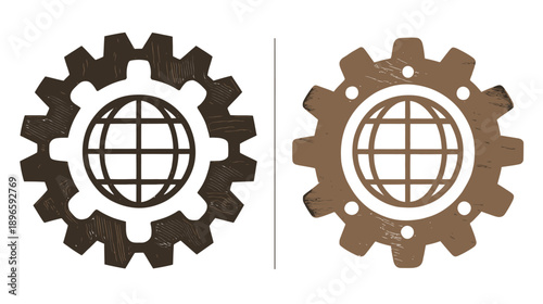 Two gear designs, one brown and one lighter in color, with a globe inside, side by side