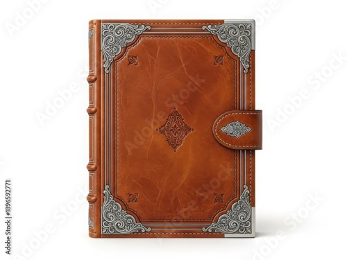 Antique leather bound book with ornate metal corners