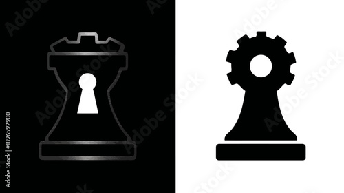 A side-by-side comparison of a chess rook with a keyhole and a gear on a chess piece