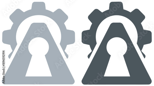 Two identical graphical icons featuring a gear over a triangle with a keyhole