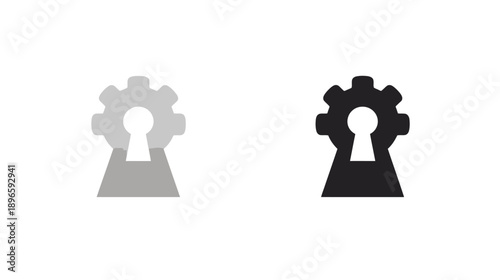 Two identical graphical representations of a keyhole combined with gear-shaped designs on white background