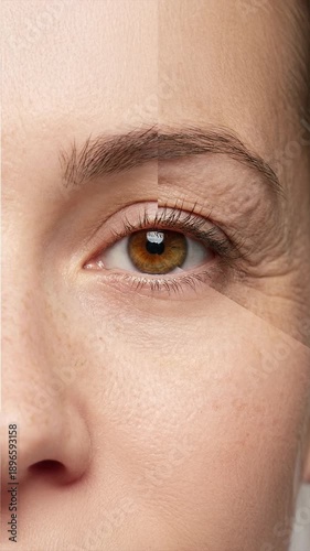 Comparison of facial rejuvenation treatment showing reduction of wrinkles and crow’s feet, with lines and arrows indicating blepharoplasty area