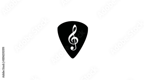 A black guitar pick with a white treble clef in the center. Pure white background